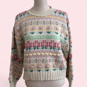 Mango Pastel Floral Fair Isle Sweater | Bobble Detail | Size M